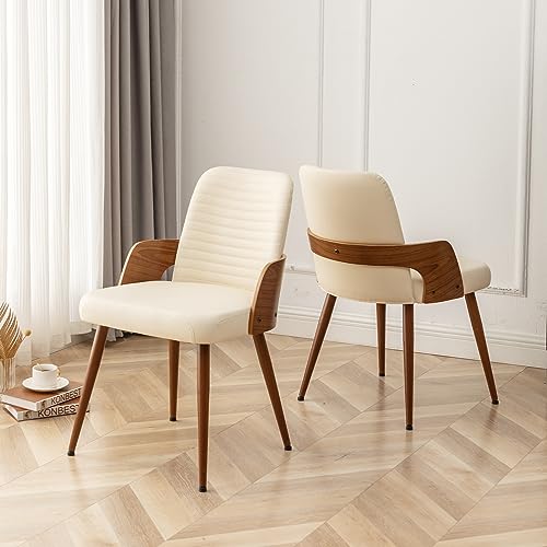 Dining Room Chairs,Mid Century Modern Kitchen Chair,Upholstered Faux Leather Accent Chairs,Metal Legs Wooden Desk Chair,Armless and No Wheels for Kitchen Dining,Beige PU,1PCS - color: Beige Pu, size: 1PCS