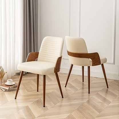 Dining Room Chairs,Mid Century Modern Kitchen Chair,Upholstered Faux Leather Accent Chairs,Metal Legs Wooden Desk Chair,Armless and No Wheels for Kitchen Dining,Beige PU,1PCS - color: Beige Pu, size: 1PCS