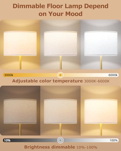 Dimmable Floor Lamp for Living Room with Remote, 9W 900LM LED Bulb Included, Beige Shade Gold Pole - color: gold & beige