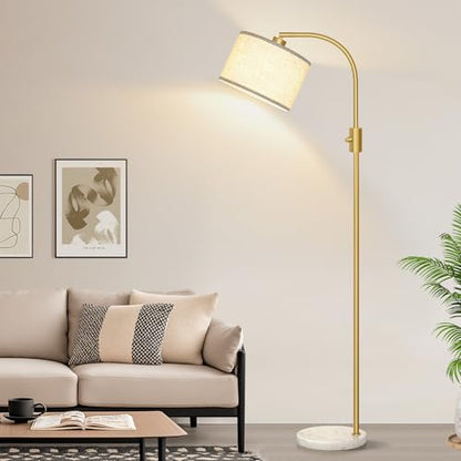Nintiue Upgraded Modern Arc Dimmable Tall Standing Floor Lamp with Marble Base & Linen Shade, 1200 Lumens LED Bulb Included, for Living & Reading Room, Bedroom, Office & Nursery, Gold - color: Marble base & Gold