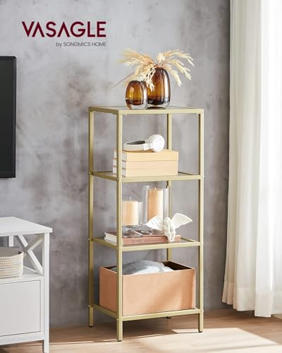 VASAGLE Bookcase, 4-Tier Bookshelf, Slim Shelving Unit for Bedroom, Bathroom, Home Office, Tempered Glass, Steel Frame, Metallic Gold ULGT28G - color: Metallic Gold, size: 4 Tiers (15.7"W x 37.4"H)