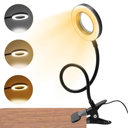 5X Magnifying Glass with Light, 3 Color Modes LED Desk Lamp, Clip on Lamp Lighted Magnifier, 360° Flexible Neck Magnifying Lamp for Workbench Craft Repair Sewing, USB Powered(Color:Black)