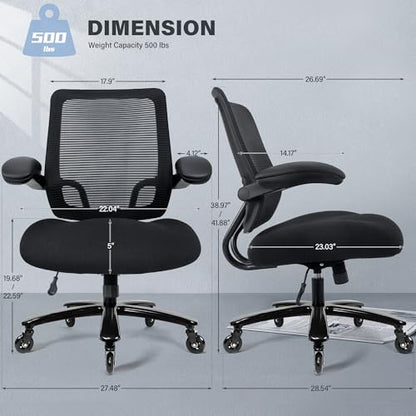Kassipo Big and Tall Office Chair with Flip-Up Armrests, Black | 500LBS Capacity, Spring-Reinforced Memory Foam Seat & Heavy-Duty Base - color: Black