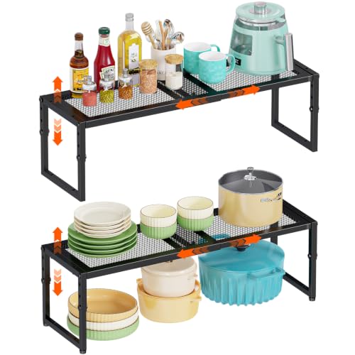 2 Pack Expandable Kitchen Cabinet Shelf Organizer, 15.5"-25.5" Long Adjustable Storage Shelves Organizers for Kitchen Countertop Pantry Cupboard Table Desk Counter, Stackable, 30LBS Load Capacity - color: Black