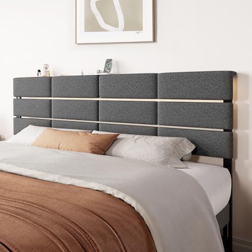 Full/Queen Size Upholstered Headboard, Adjustable Head boards with LED Light & Charging Station, Bed Headboard Only, Attach Frame, Study & Comfortable, Ideal for Bedroom, Dorm, Guest Room, Dark Grey - color: Dark Grey, size: Full/Queen\