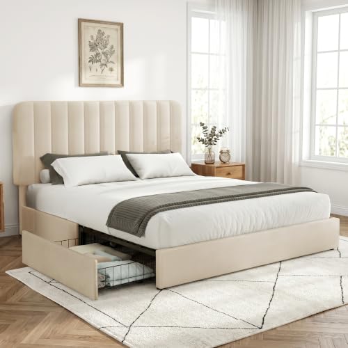 VECELO Full Size Upholstered Bed Frame with 4 Drawers and Headboard, Velvet Platform Storage Bedframe, Wooden Slats Support, No Box Spring Needed,Beige - color: Beige, size: Full, style: Bed Frame with Drawer