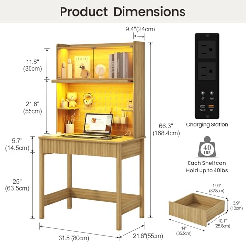 Lvifur 31.5" LEDStudy Desk with Hutch,Outlets,Reading Lights | Computer Desk with Charging Station,2 Drawer,Compact Writing Desks,Home Office Desks for Bedroom,Natural - color: Natural