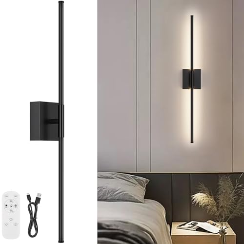 Battery Operated Wall Sconce, 3000K-6000K Dimmable Black Wall Lights with Remote Control, Timable LED Wireless Wall Sconces, 350° Ratate for Bathroom, Living Room, Hallway 29.1 Inch 1 Pack - color: Black, size: 29.1in(1 Pack)