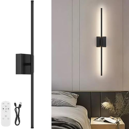 Battery Operated Wall Sconce, 3000K-6000K Dimmable Black Wall Lights with Remote Control, Timable LED Wireless Wall Sconces, 350° Ratate for Bathroom, Living Room, Hallway 29.1 Inch 1 Pack - color: Black, size: 29.1in(1 Pack)