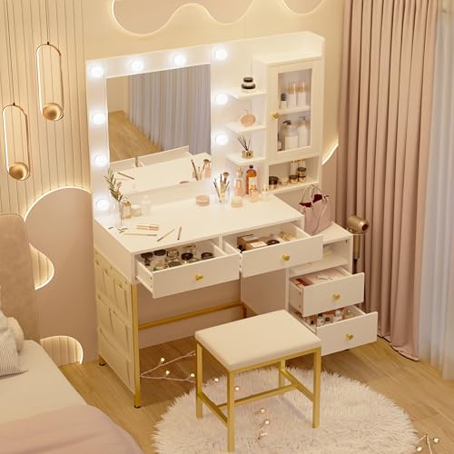 Vanity Desk with Mirror and LED Lights & Power Outlet | Large Makeup Vanity Table with 5 Drawers and 4 Storage Cabinets, White Dressing Table for Bedroom - size: 004 White