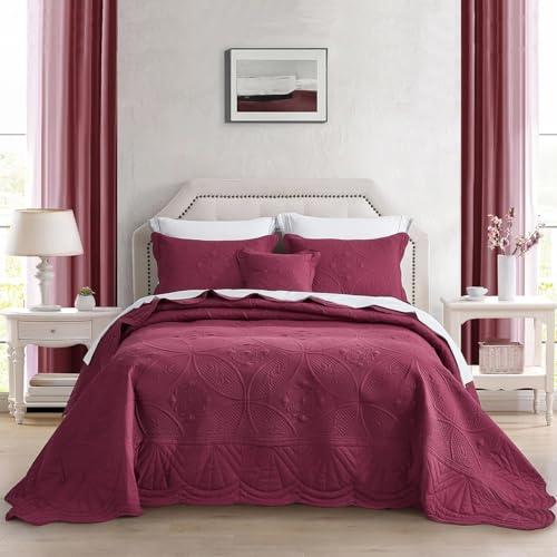 DaisyHuang Bedspread - Full Size Bedding Cover - Modern & Contemporary Coverlet Set, Real Stitching, Reversible, Lightweight, 5 Piece, Burgundy - color: Burgundy, size: Full(96"x110")