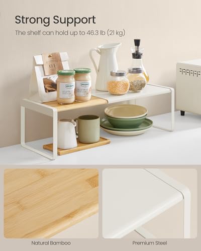 SONGMICS HOME Spice Rack, Expandable Cupboard Shelf Orgnizer,Bamboo | Kitchen Counter Shelves, Bamboo and Steel, Stackable, Cream White and Light Bamboo, BYSTRO Collection UKCS052W01 - color: Light Bamboo + Cream White, size: 1 Pack
