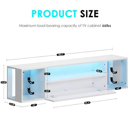 DlandHome 55.1" W Floating TV Stand with LED, Wooden Entertainment Center | Wall Mounted TV Shelf for 50/55/60/65" TV, Media Console with Storage Shelves, Floating Entertainment Center, White - size: 55.1'' White