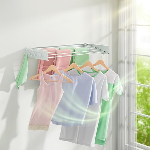 Wall Mounted Drying Rack 31.5", Foldable Clothes Drying Rack with 6 Towel Hooks and 5 Rods for Hanging Clothes, Space Saving Laundry Rack for Indoor Outdoor Bathroom Balcony Laundry Room(31.5") - size: 31.5''