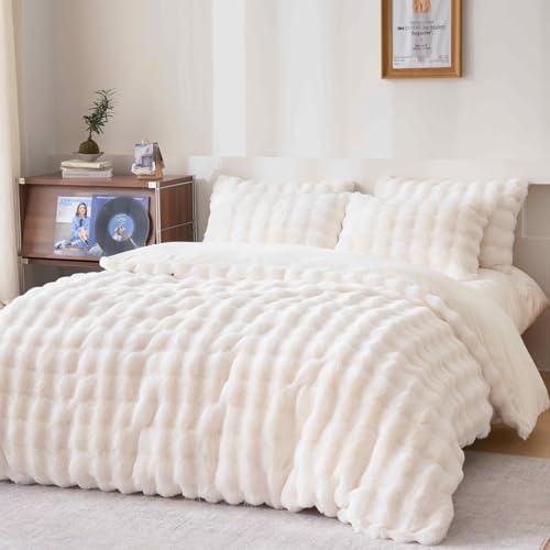 Fluffy White Duvet Cover Twin Set, Soft Shaggy Plush Rabbit Bedding Set 2 Pieces (1 Fuzzy Comforter Cover + 1 Faux Fur Pillow Cases) Zipper Closure（White, Twin） - color: White, size: Twin