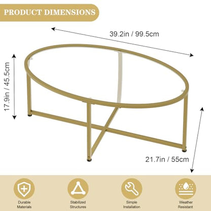 Wolawu Coffee Table Gold Oval Glass Coffee Tables for Living Room,Modern Gold Metal Frame Tea Tables for Small Space, Tempered Glass Top Center Table with Stable Cross Base for Bedroom, Office,Balcony - color: Gold Glass