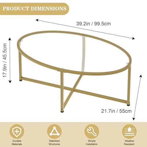 Wolawu Coffee Table Gold Oval Glass Coffee Tables for Living Room,Modern Gold Metal Frame Tea Tables for Small Space, Tempered Glass Top Center Table with Stable Cross Base for Bedroom, Office,Balcony - color: Gold Glass