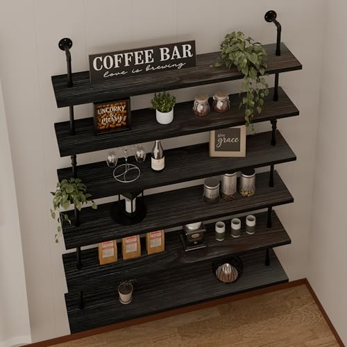 HDDFER 48 Inch Pipe Shelf Floating Shelves for Wall Shelves Bookshelf Industrial Pipe Shelving Real Wood Planks Rustic Hanging Shelves Farmhouse Kitchen Bar Shelving Black - color: Black, size: 6Tier48in
