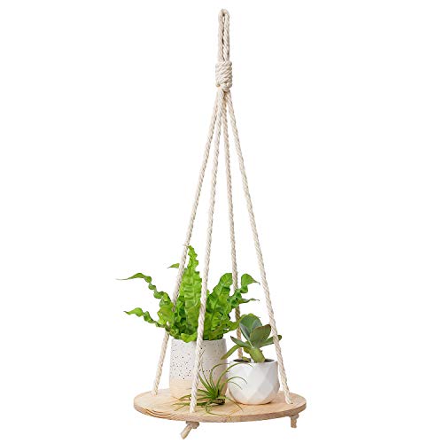 Dahey Plant Hanger Indoor, Round Hanging Plant Shelf Boho Decor, Nature | Sturdy Wood Plant Holder, Jute Rope, Versatile Display, Holds Plants Candles Frames, for Living Room Bedroom Kitchen - color: Nature
