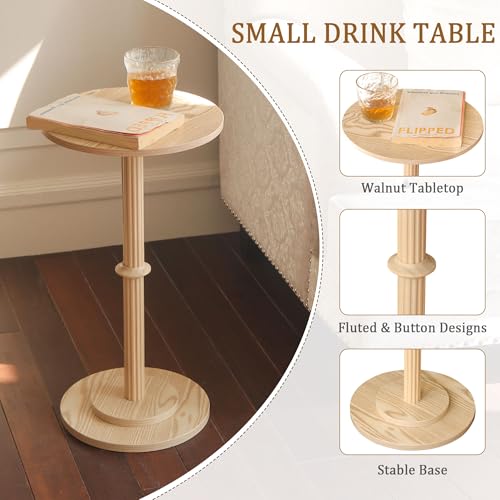 MaxSmeo Drink Table, Small Side Table for Small Spaces, Modern Round End Table with Fluted Wood Leg, Natural - color: Natural
