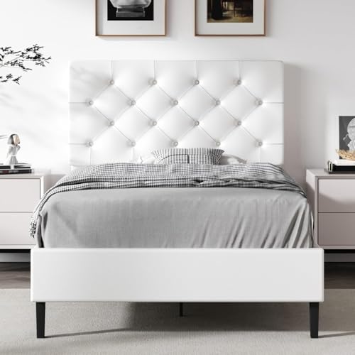 REVOMINCA Twin Size Platform Bed Frame with Headboard, White | Faux leather upholstery with wooden slat support, no box spring needed. - color: White, size: Twin