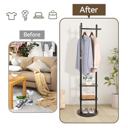 Wood Coat Rack Freestanding Rotary Coat tree with 3 Shelves and 5 Hooks | 4 Swivel Wheels Heavy Duty Clothing Rack Coat Hanger Stand for Corner Entryways Living Rooms and Bedrooms, Black