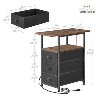 Narrow End Table with Charging Station, Narrow Side Table with 3 Fabric Drawers, Slim Nightstand with LED Light, Small Table with Storage, Living Room, Bedroom, Rustic Brown HKET1303BR - color: Rustic Brown, size: 11.8" W x 23.6" D, style: Power + Light
