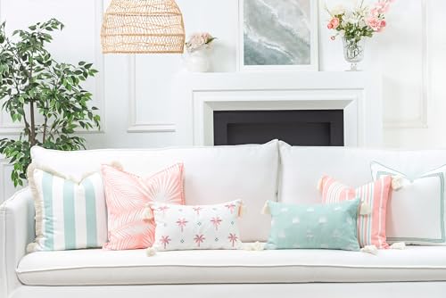 Hofdeco Premium Fall Coastal Patio Indoor Outdoor Pillow Cover Only, 20"x20" Water Repellent for Backyard, Couch, Muted Aqua Stripe Fringe - color: Muted Aqua Stripe 20"x20"