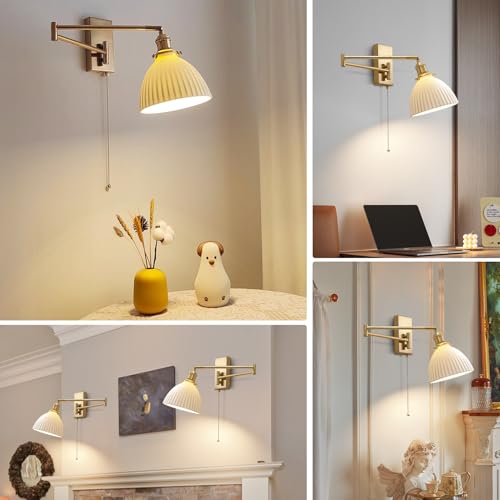 1-Light Bathroom Wall Sconce Modern Farmhouse Gold Swing Arm Wall Sconce Milk Glass Wall Lamp with Pull Chain Single Brushed Brass Wall Mount Light Hardwired Wall Light Fixtures MWL14D-1 - color: D-1Pack