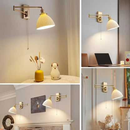 Gold Wall Sconces Set of 2 Modern Bathroom Sconces Wall Lighting Brushed Brass Wall Mount Light Fixture Milk Glass Swing Arm Wall Sconces with Pull Chain Bedroom Hardwired Wall Lamps MWL14D-2 - color: D-2Pack