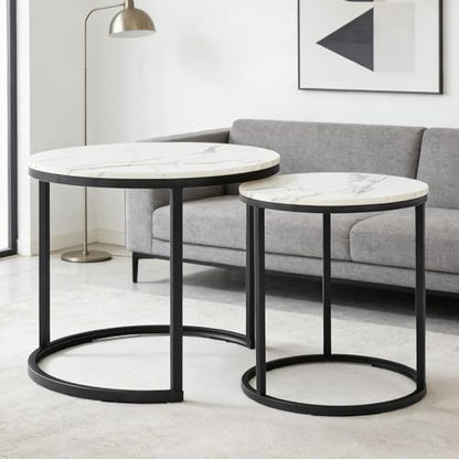 Nesting Side Tables, Coffee Table Set of 2 with Sturdy Metal Frame, Modern Industrial Simple Nightstand for Living Room Bedroom Apartment (White) - color: White