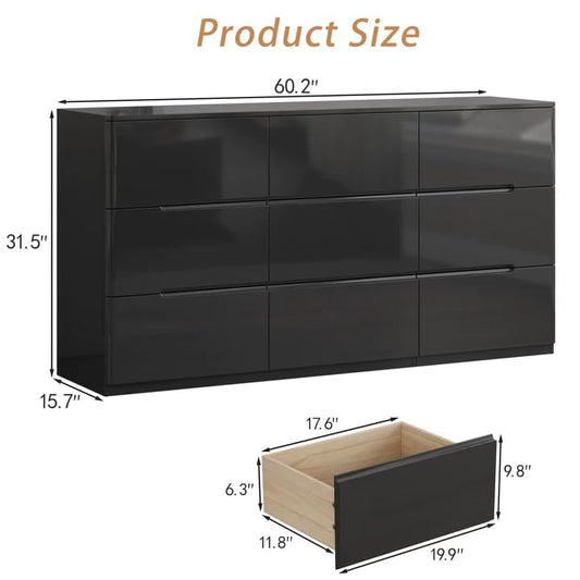 High Gloss Dresser for Bedroom, 60.2" Wide 9 Drawer Dresser, Black | Modern Dresser Chest of Drawers, Handle-less Design, High Gloss Panel, Dresser TV Stand, Wooden Dressers for Bedroom, Closet - color: Black, size: 15.7"D x 60.2"W x 31.5"H (9 Drawers)