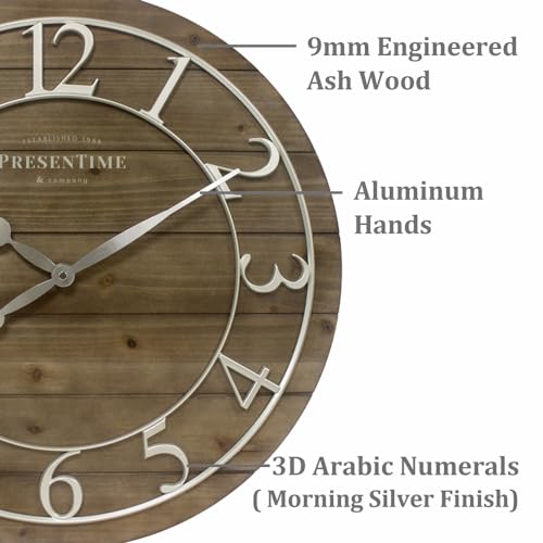 Vintage Farmhouse Shiplap Clock | 19.5-Inch Multicolor Woodgrain Shiplap Wall Clock, Silver Arabic Numerals, Farmhouse Décor for Home & Office - color: Silver With Weathered Pine Wood