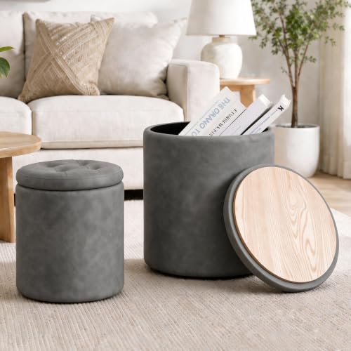 oakvivo 12.6" W x 14.17" H & 14.76" W x 17.32" H Storage Ottoman Foot Stool for Couch, Nesting Round Vanity Stools Padded Ottomen, Leather Set of 2 Footrest for Living Room,Grey - color: Grey
