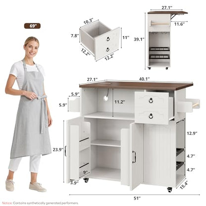 LIKIMIO 51" Mobile Kitchen Island with Drop Leaf & Power Outlet, Kitchen Rolling Island with Storage Cabinets & Drawers, Kitchen Island Cart with Glass Holder & Wine Rack for Dining Room, White