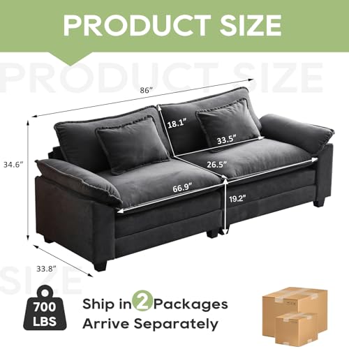 86" Modular Sectional Sofa, Comfy Loveseat Deep Cloud Couch | Couches for Living Room, Modular Couch, Deep and Wide Seat, Velvet Sofa Sleeper with Throw Pillows, Blue Grey - color: Blue Gray, size: 86 Inch