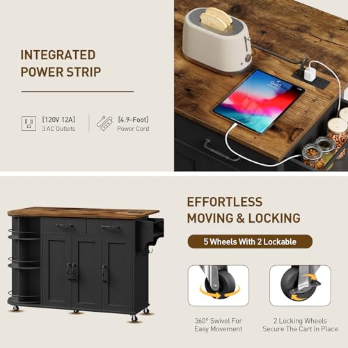 Kitchen Island with Power Outlet & Drop Leaf, Kitchen Rolling Island with Rotating Organizer, Kitchen Island Cart with Storage Cabinet, Mobile Island Table for Kitchen, Black and Rustic Brown - color: Black + Rustic Brown
