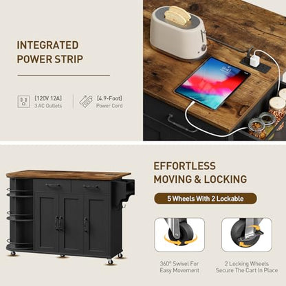 Kitchen Island with Power Outlet & Drop Leaf, Kitchen Rolling Island with Rotating Organizer, Kitchen Island Cart with Storage Cabinet, Mobile Island Table for Kitchen, Black and Rustic Brown - color: Black + Rustic Brown