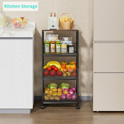 HapiRm Fruit Basket Kitchen Cart - 4-Tier Rolling Storage Cart with Wheels, Fruit Vegetable Basket with Wood Top, Pantry Utility Kitchen Organizer for Fruit Potato Onion Vegetable Bread Snack - color: Black