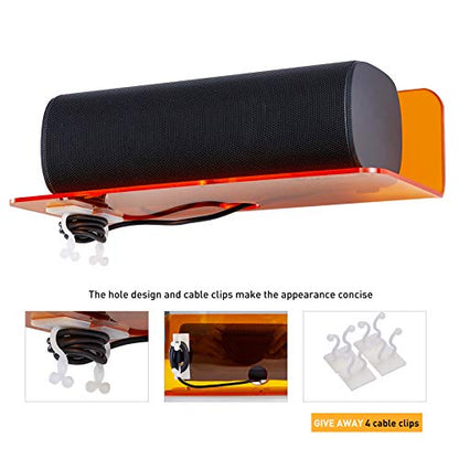 OAPRIRE Small Acrylic Floating Wall Shelves Set of 2, Flexible Use of Wall Space, 9 Inch Adhesive Display Shelf for Security Cameras/Smart Speaker/Action Figures, with Cable Clips - Clear Orange | Strong Tape Adhesive Wall Shelf, Easy Installation, Hole D