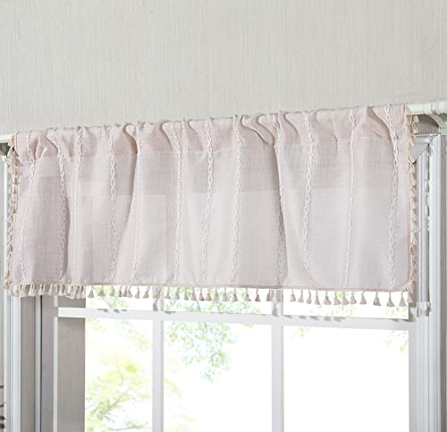 RoomTalks Boho Kitchen Valances for Windows Embroidered French Striped Farmhouse Vintage Chic Textured Tassel Curtain Valances for Bathroom Living Room Bohemian Decor (18’’L x 52’’W, Beige) - color: Beige, size: 52"W x 18"L (Pack of 1)