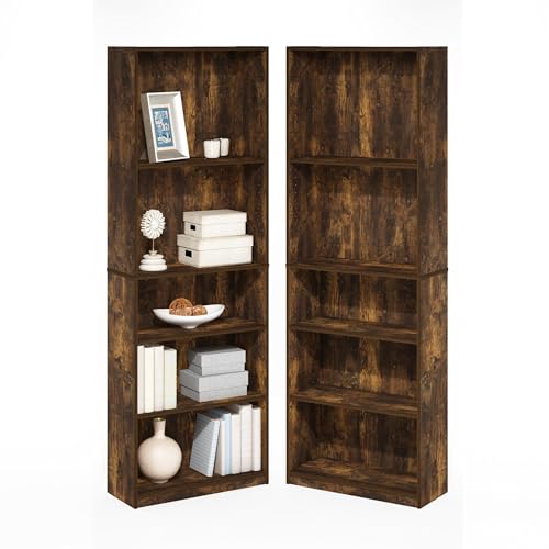Furinno Jaya Book Shelf Set of 2, 5-Tier Bookshelf, Bookcase, with Adjustable Shelf, 9.5 x 24.5 x 71, for Home Office, Living Room, Amber Pine - color: Amber Pine, size: Set of 2, 5-Tier