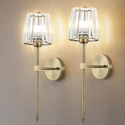 Crystal Battery Operated Wall Sconces Set of 2, Brass Rechargeable Wireless Wall Lights with Crystal Lampshade, 12 RGB and 3CCT Dimmable Wall Lamp with Remote for Bedroom Living Room Hallway - color: Brass