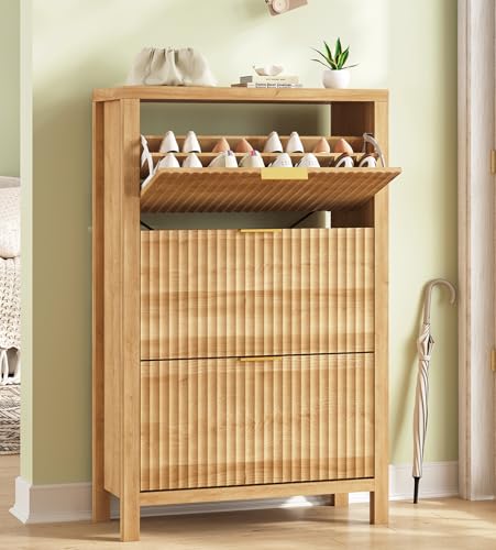 32" Fluted Shoe Cabinet Storage with 3 Flip Drawers for Entryway, Hallway | Hidden Shoe Rack Slim Freestanding Shoe Organizer with Legs for Hallway, Living Room, Oak - color: Natural Oak, size: 3 Drawers