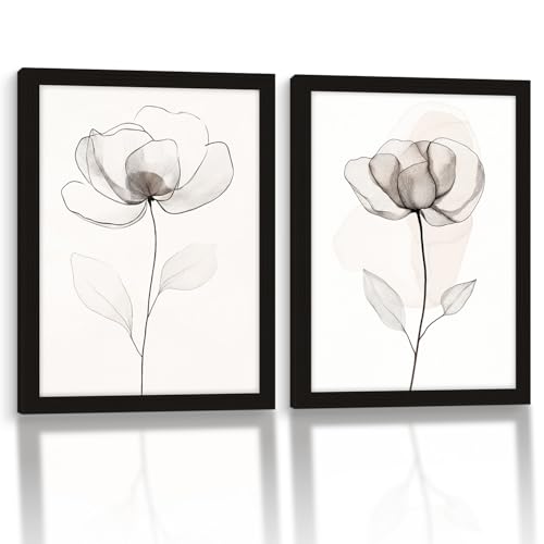 2pc Framed Floral Wall Art Modern Minimalist Botanical Line Print Poster Painting Neutral-Colored Floral Gallery Style Canvas Print Living Room/Bedroom Wall Decoration 12x16 Inches - color: Elegant flowers, size: 12x16in