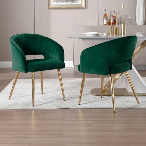 Velvet Home Office Desk Vanity Chair, No Wheels, Gold Legs, Green | Modern Accent Chair with Stylish Stripe Design, Spacious‌ Soft Seat for Girls & Women Bedroom Makeup or Nail Table - color: Green Velvet, No Wheels