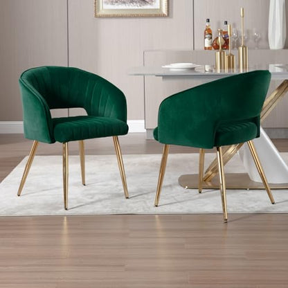 Velvet Home Office Desk Vanity Chair, No Wheels, Gold Legs, Green | Modern Accent Chair with Stylish Stripe Design, Spacious‌ Soft Seat for Girls & Women Bedroom Makeup or Nail Table - color: Green Velvet, No Wheels
