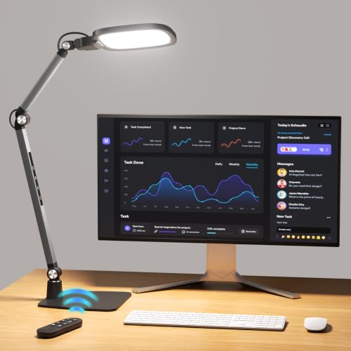 Led Desk Lamp for Office Home Video Reading Swing Arm Task Light | 1200lm Eye-Caring Desk Light for Computer Monitor, Dimmable 5 Color & 5 Brightness, Timer & Memory, Touch & Remote - color: Silver Grey