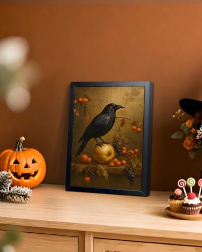 REZFGU Halloween Crow Wall Art Canvas Framed Poster Painting Print Picture, Dark Academia Raven Bird Gothic Still Life, Vintage Black Bird with Fruit Fall Art Decor for Living Room Bedroom 8x10 Inch - color: A-Crow, size: 10"L x 8"W