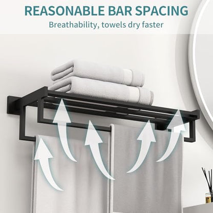 STWWO Towel Racks for Bathroom Wall Mounted, 24 Inch Black Double Towel Bar | Dual Towel Rack with Shelf, Double Towel Bar with Shelf, Stainless Steel Hand Towel Hanger, Bath Towel Holder for Wall - color: Black